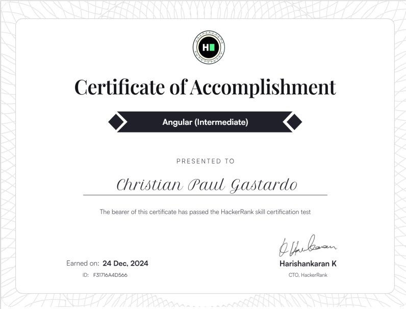 HackerRank Angular Intermediate Certificate